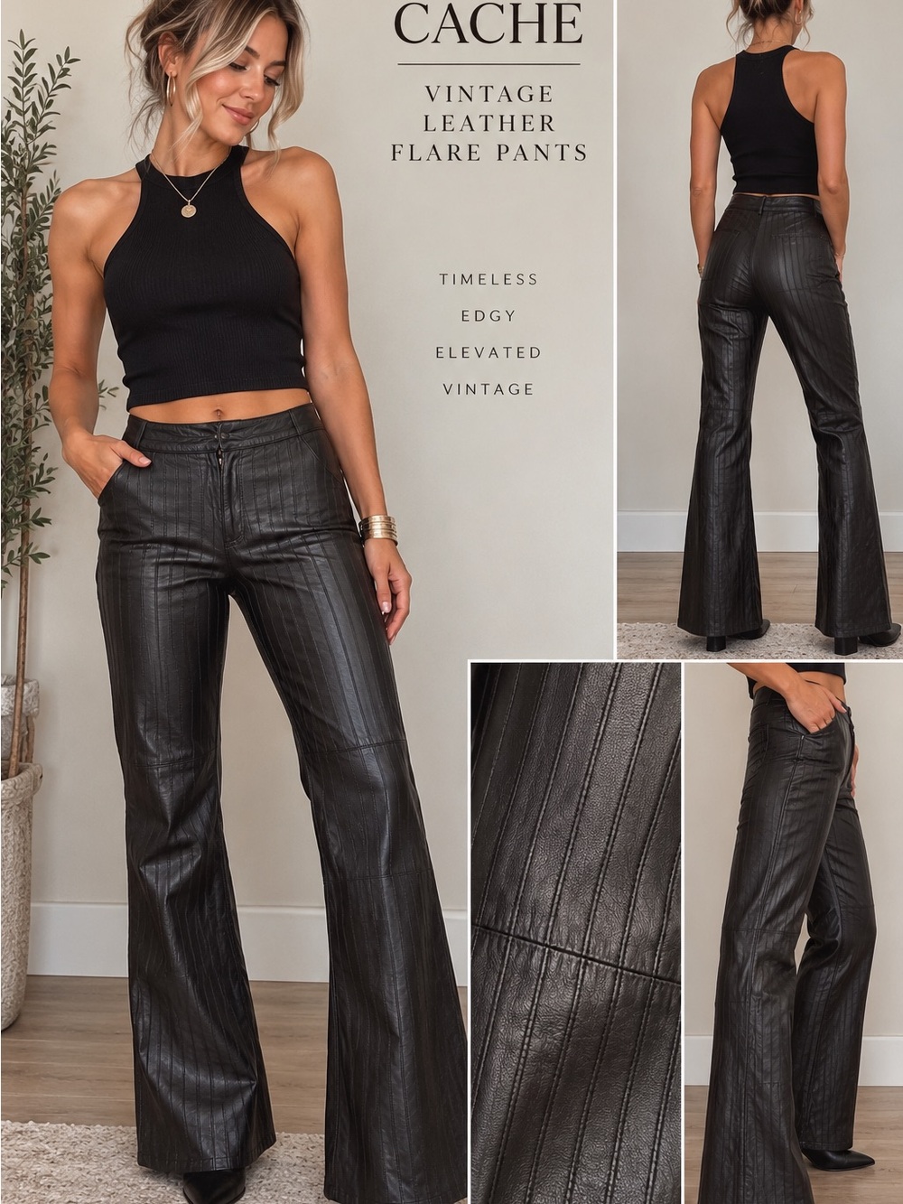 Cache y2k vintage style Black 100% Leather Flared Pants